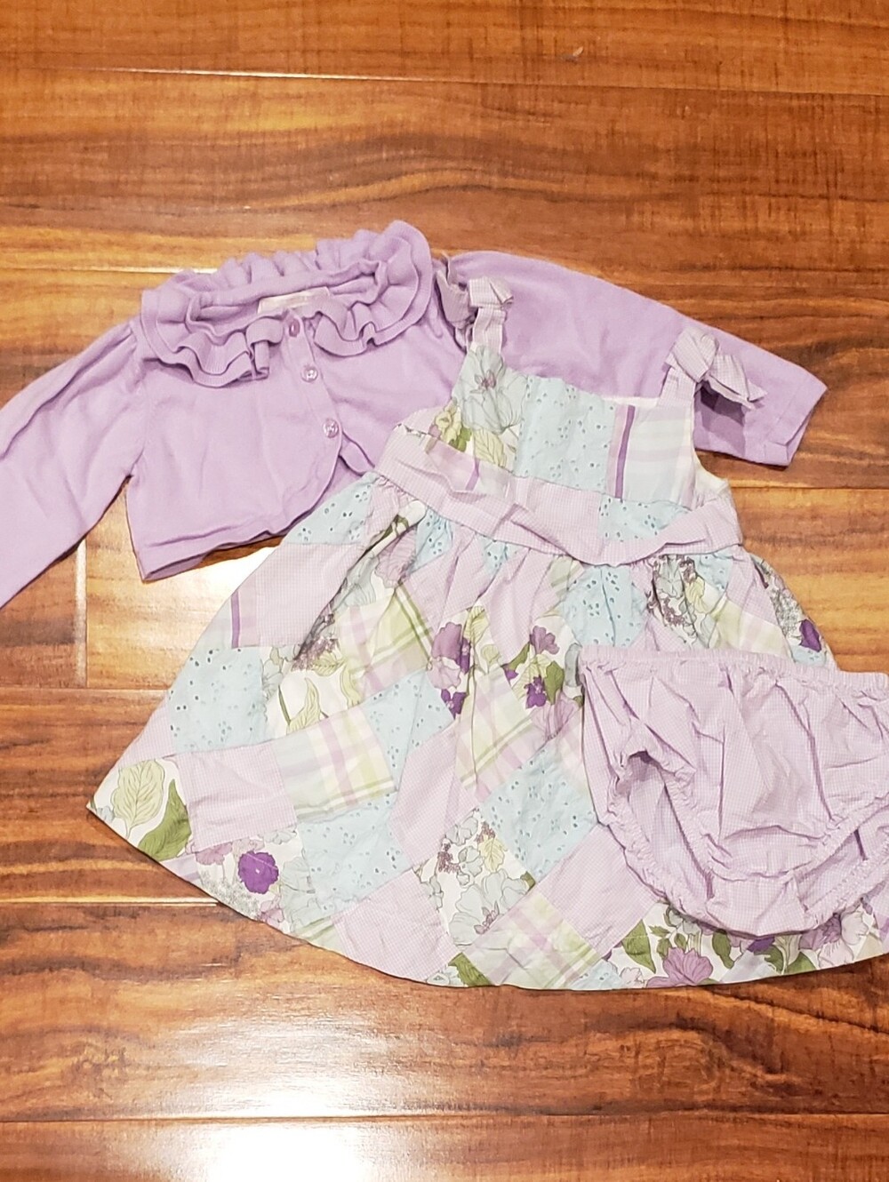 Janie & Jack EUC/NWT 12-18 month purple/teal patchwork dress and ruffle cardigan